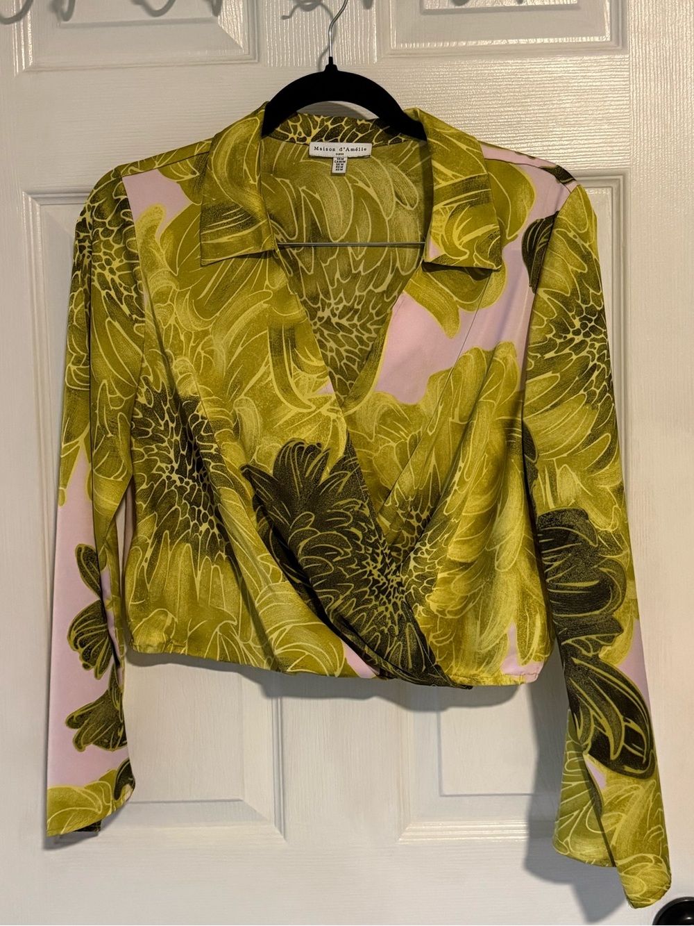Maison d'Amélie Paris Floral Satin Wrap Blouse Pink Green Medium EUC